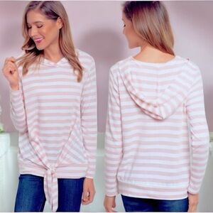 2-Left📍Pullover Hoodie with a Self-Tie waist, Pink/White Stripe, NEW✔️